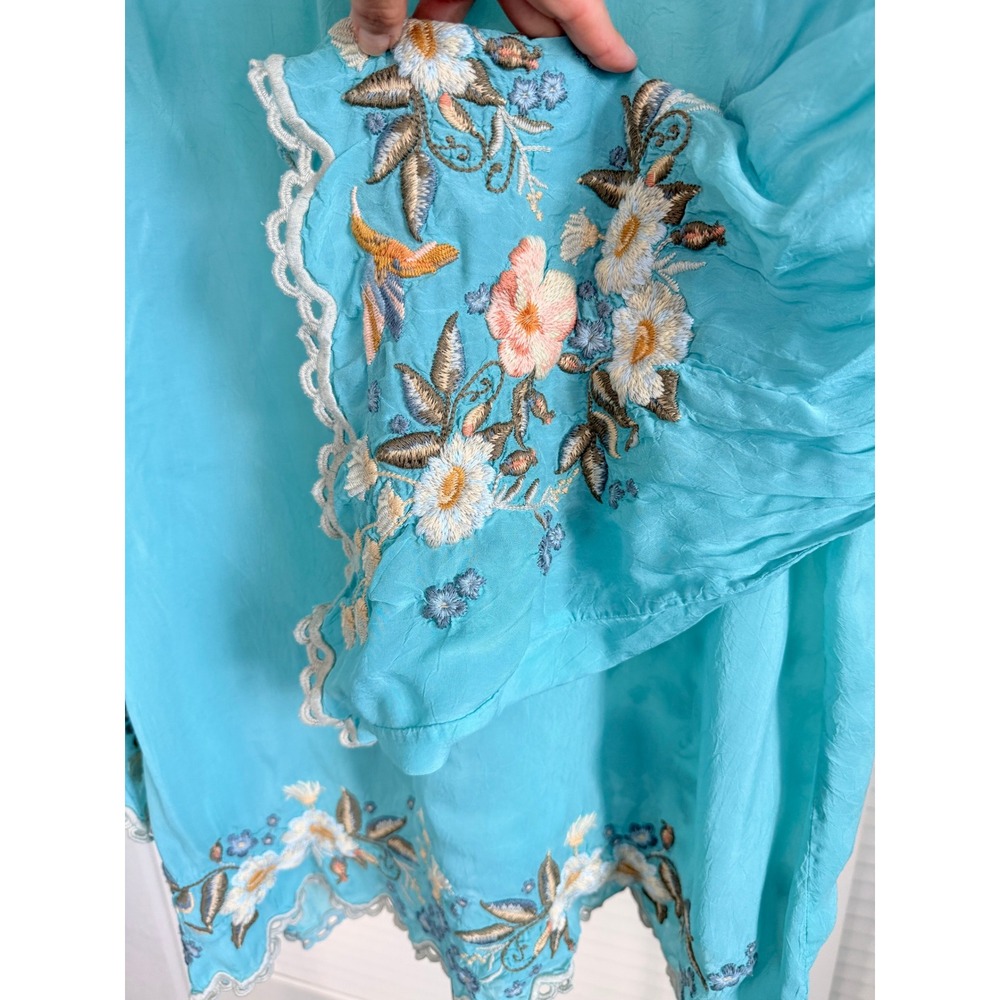 Johnny Was Turquoise  Embroidered Bell Sleeve Blouse Size XL Blue Whimsical Boho - Picture 4 of 6